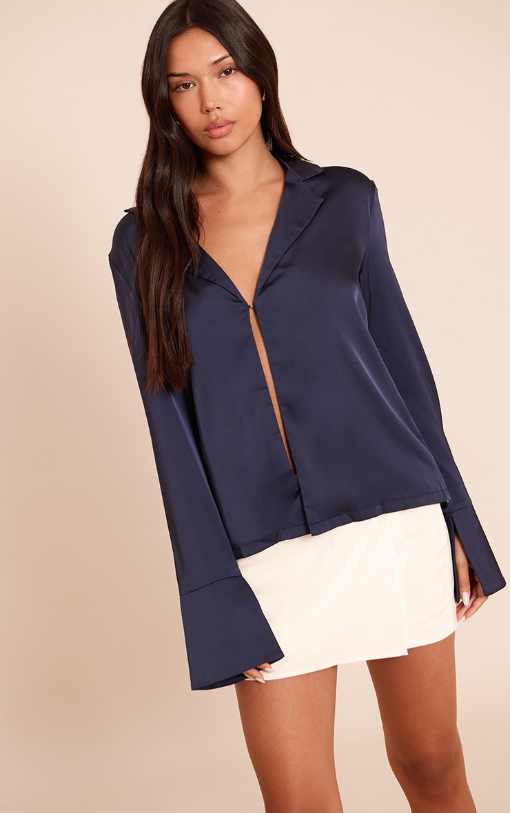 Navy Satin Hook And Eye Detail Oversized Shirt
