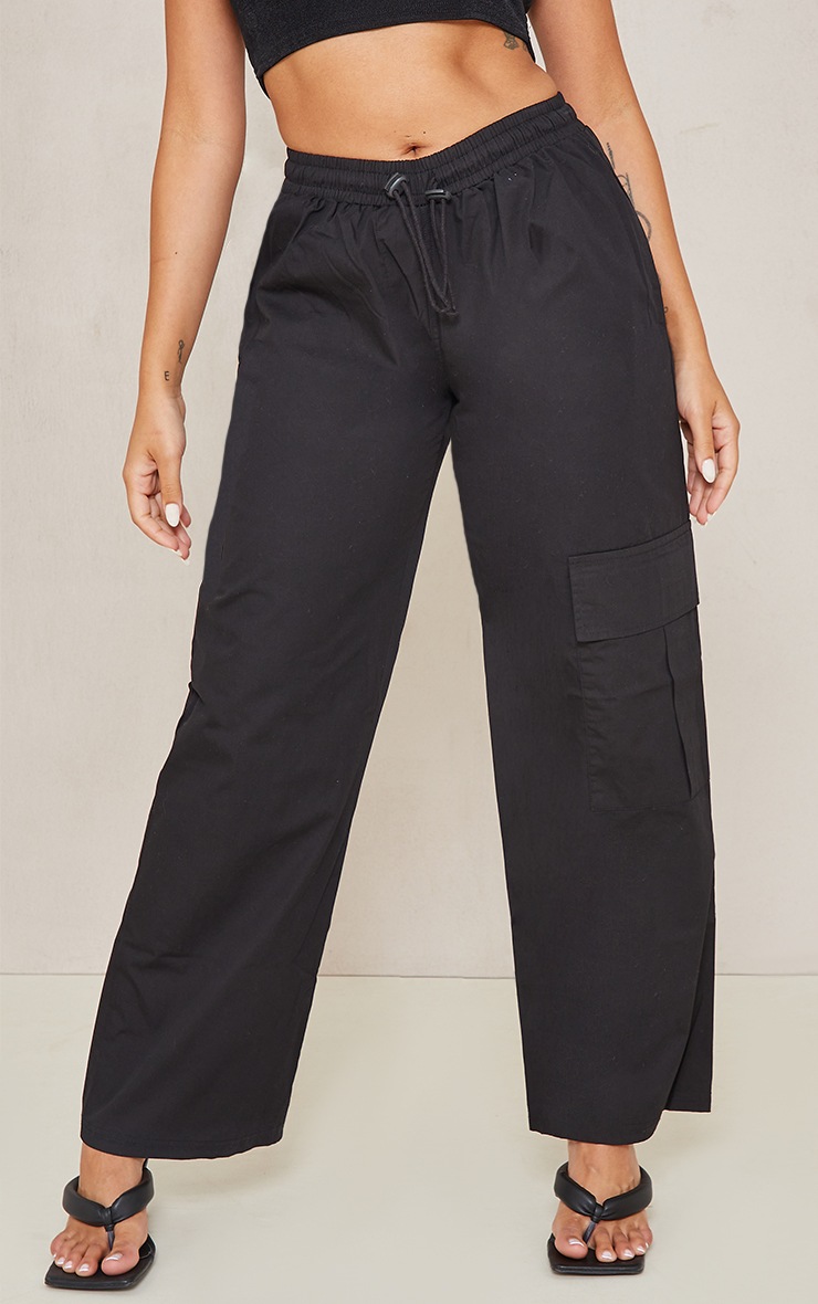 Petite Black Low Rise Toggle Detail Straight Leg Cargo Trousers image 2