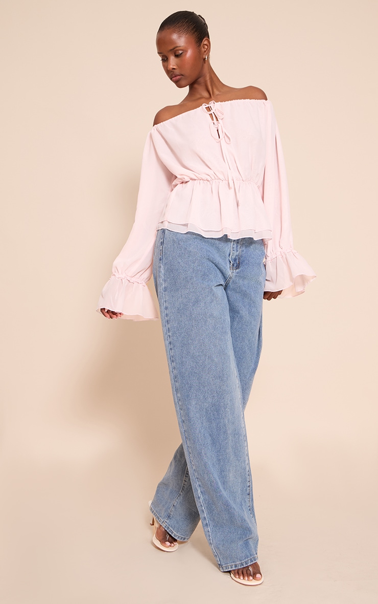 Pale Pink Chiffon Tie Detail Bardot Floaty Top image 3
