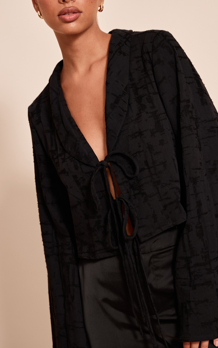 Black Textured Lightweight Woven Tie Front Shirt image 4