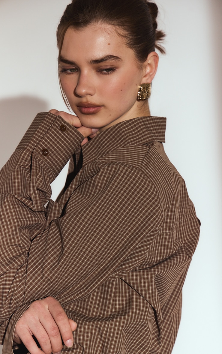 Brown Check Shoulder Pad Oversized Shirt  image 4