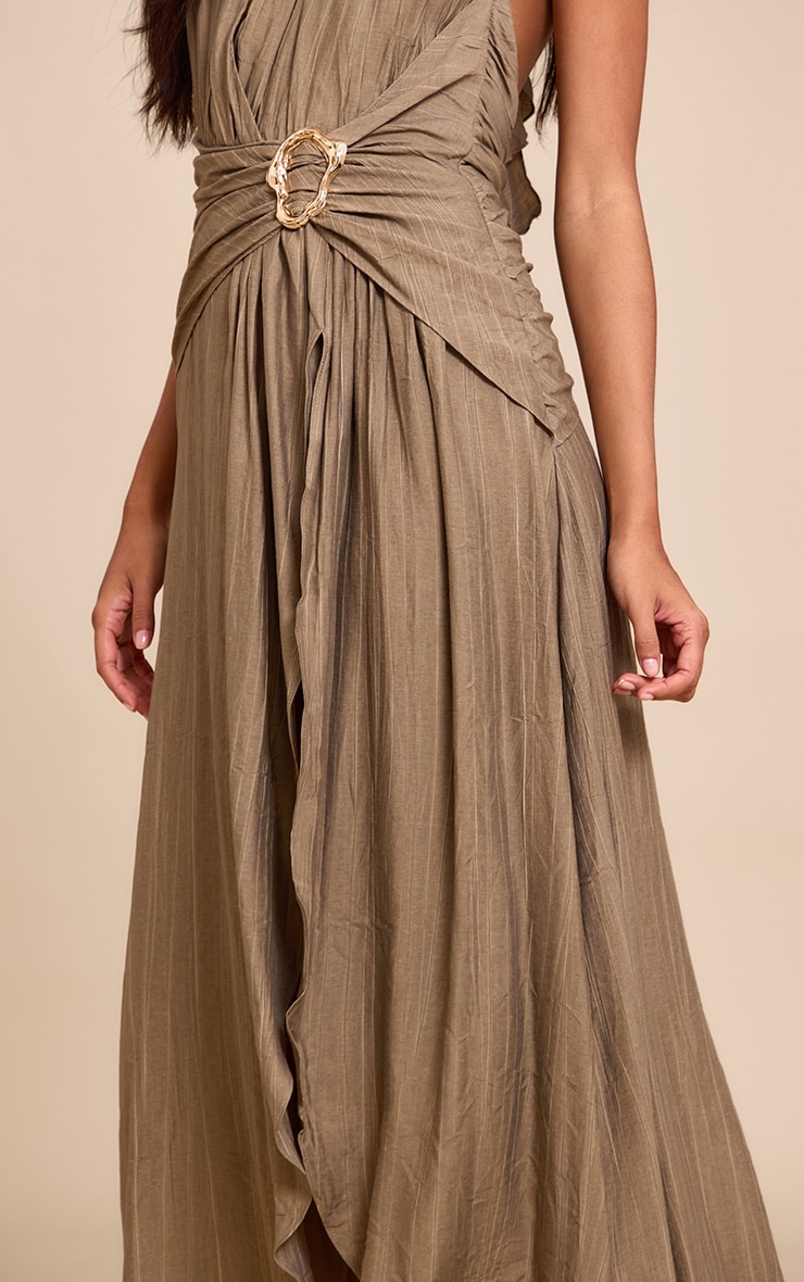 Olive Textured Plunge Trim Detail Maxi Dress image 4