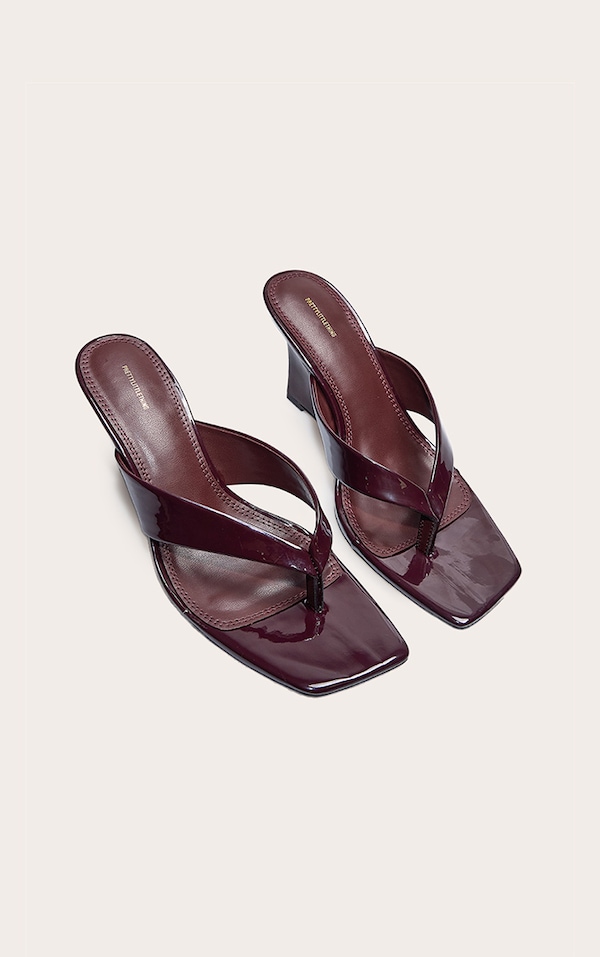Chocolate Pu Toe Thong High Heeled Mule Wedges