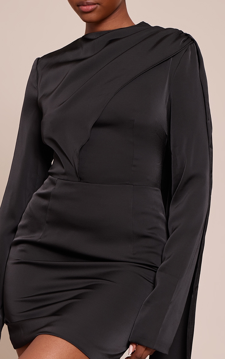Black Satin Scarf Detail Long Sleeve Mini Dress image 4