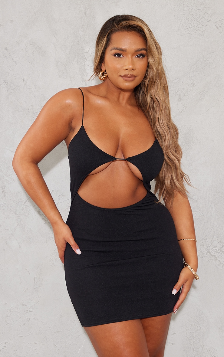 Shape Black Soft Rib Front Cut Out Bodycon Dress