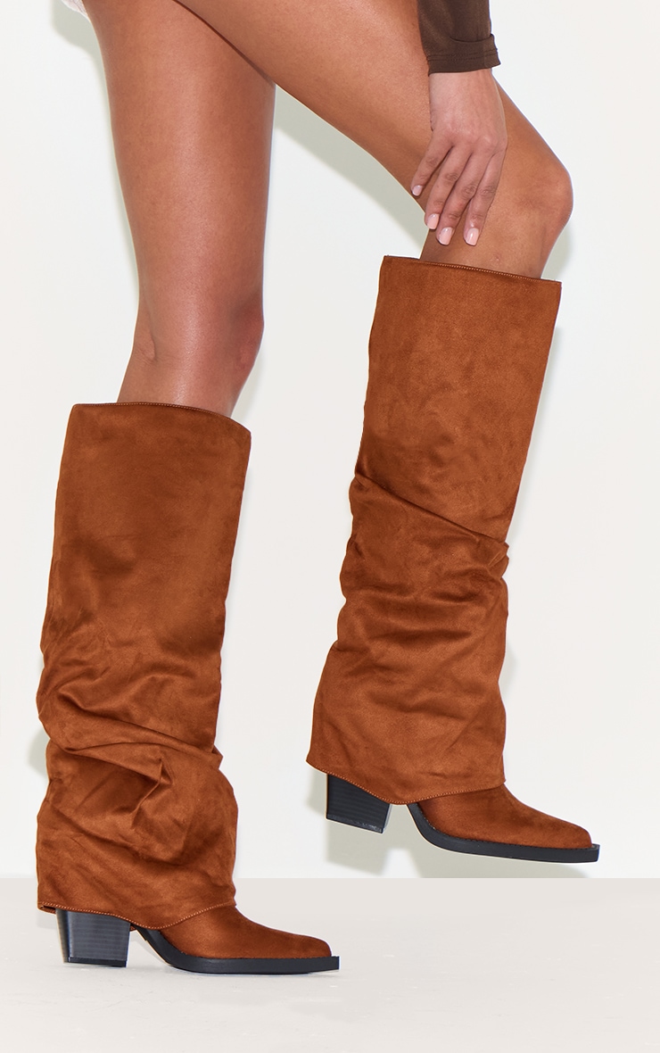 Tan Faux Suede Point Toe Fold Over Block Heel Knee High Boots image 5
