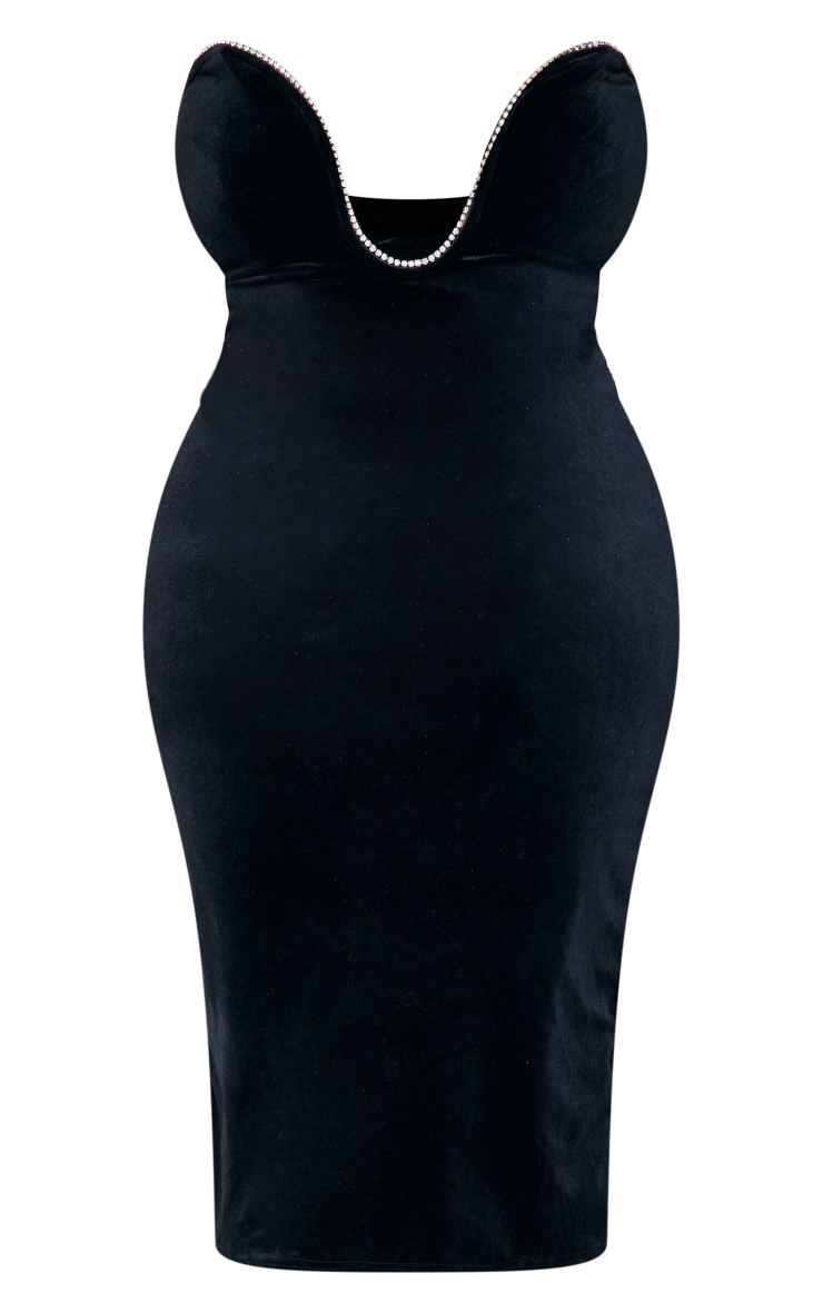 Plus Black Velvet Diamante Trim Plunge Midi Dress image 1