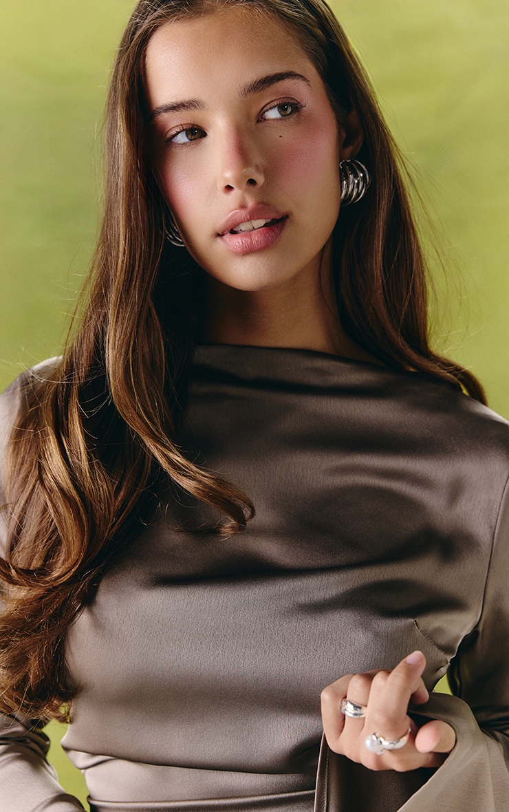 Slate Grey Satin Open Back Long Sleeve Top image 5