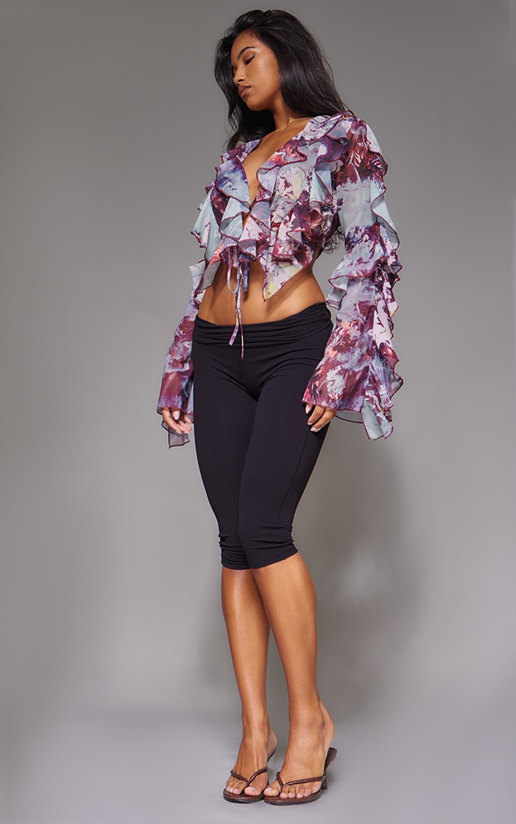 Purple Printed Sheer Woven Ruffle Tie Crop Blouse image 3