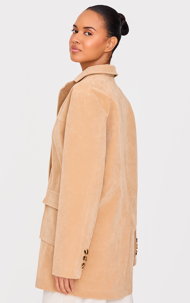 Beige Oversized Longline Faux Suede Blazer Coat image 2
