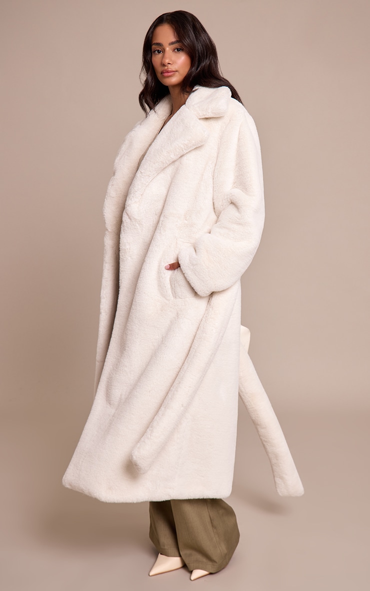 Petite Beige Faux Fur Tie Waist Maxi Coat image 3