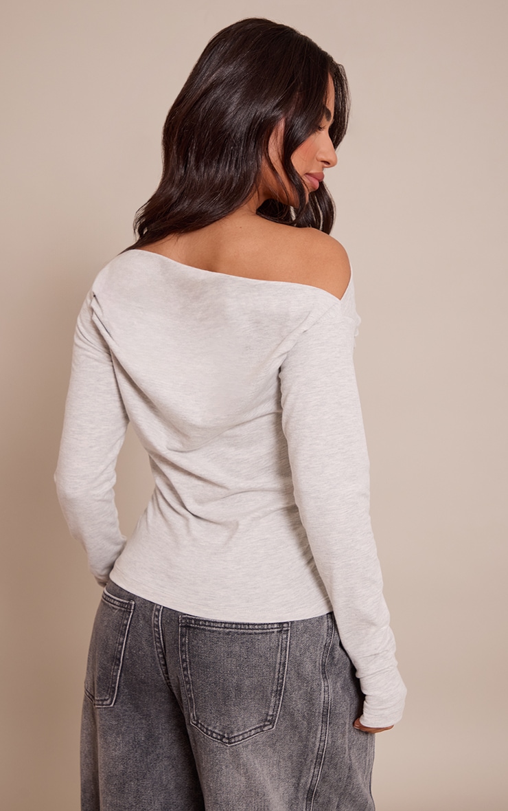 Petite Top asymétrique en coton doux gris chiné froncé à manches longues image 2