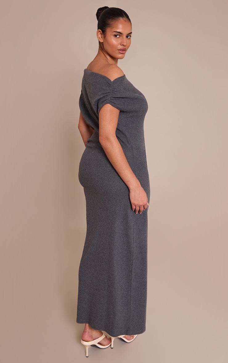 Plus Charcoal Brushed Rib Asymmetric Ruched Detail Maxi Dress image 2