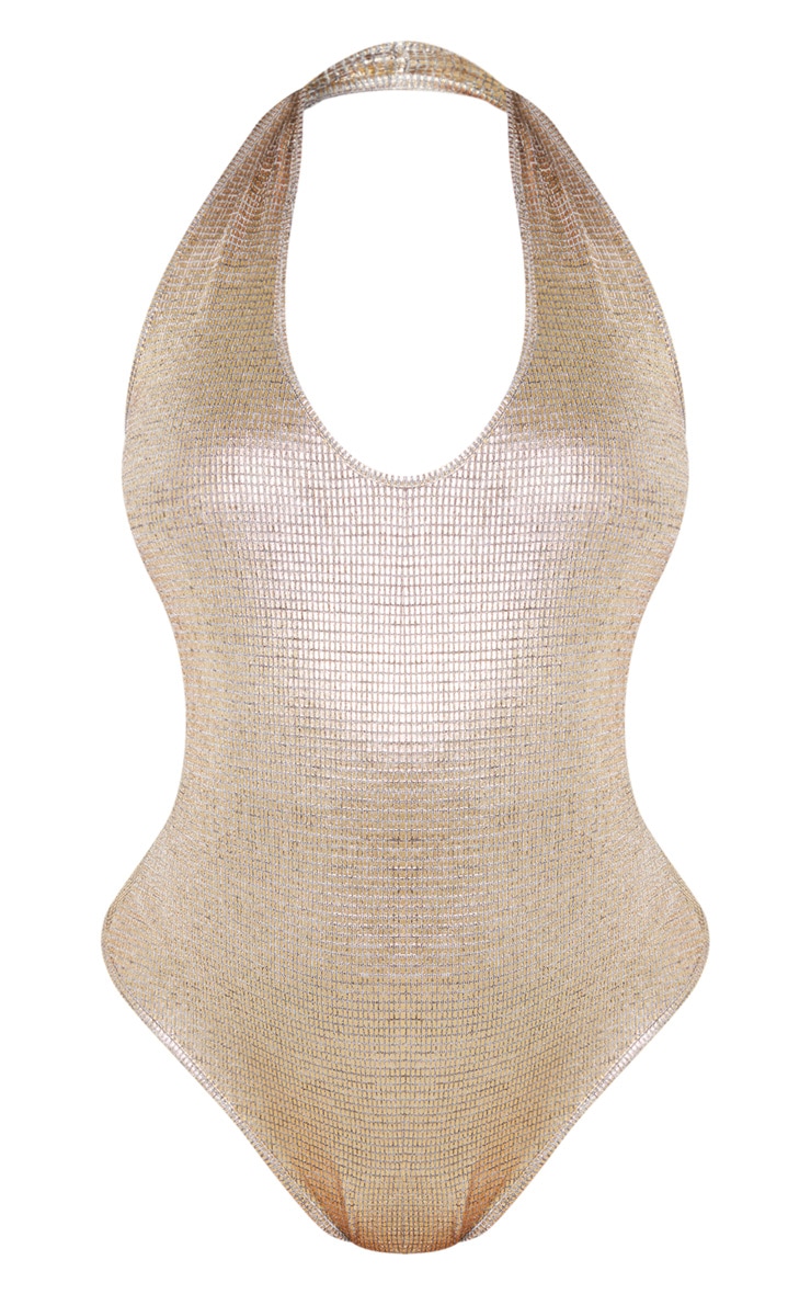 Gold Metallic Halterneck Bodysuit Tops PrettyLittleThing