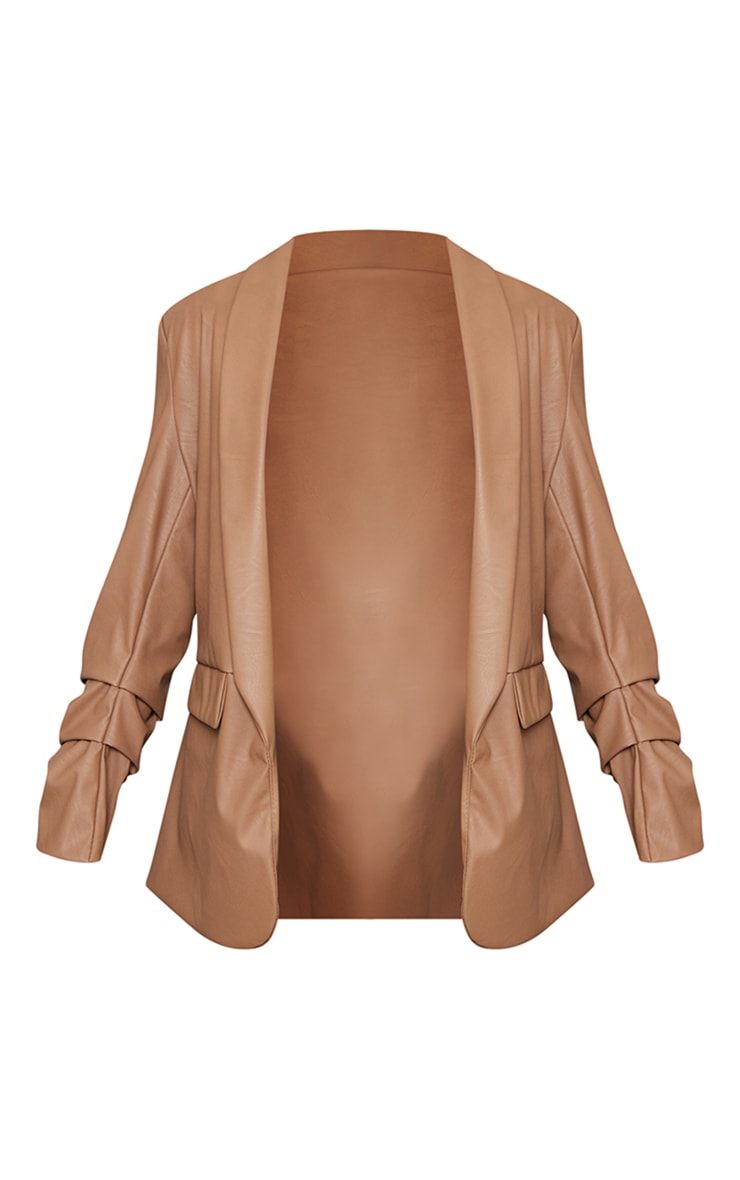 Camel Faux Leather Ruched Sleeve Single Breasted Blazer image 5