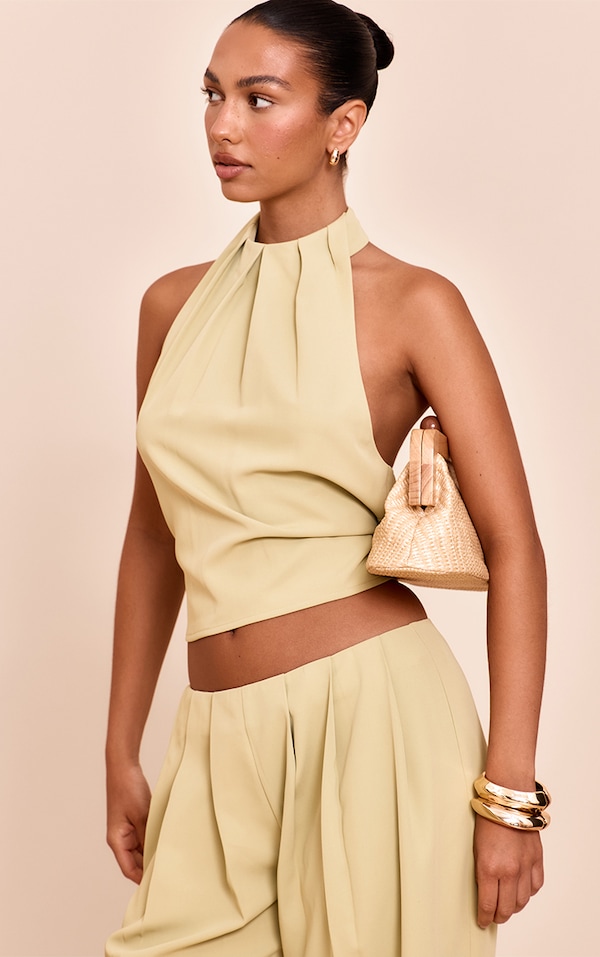 Sage Woven Pleated High Neck Long Top