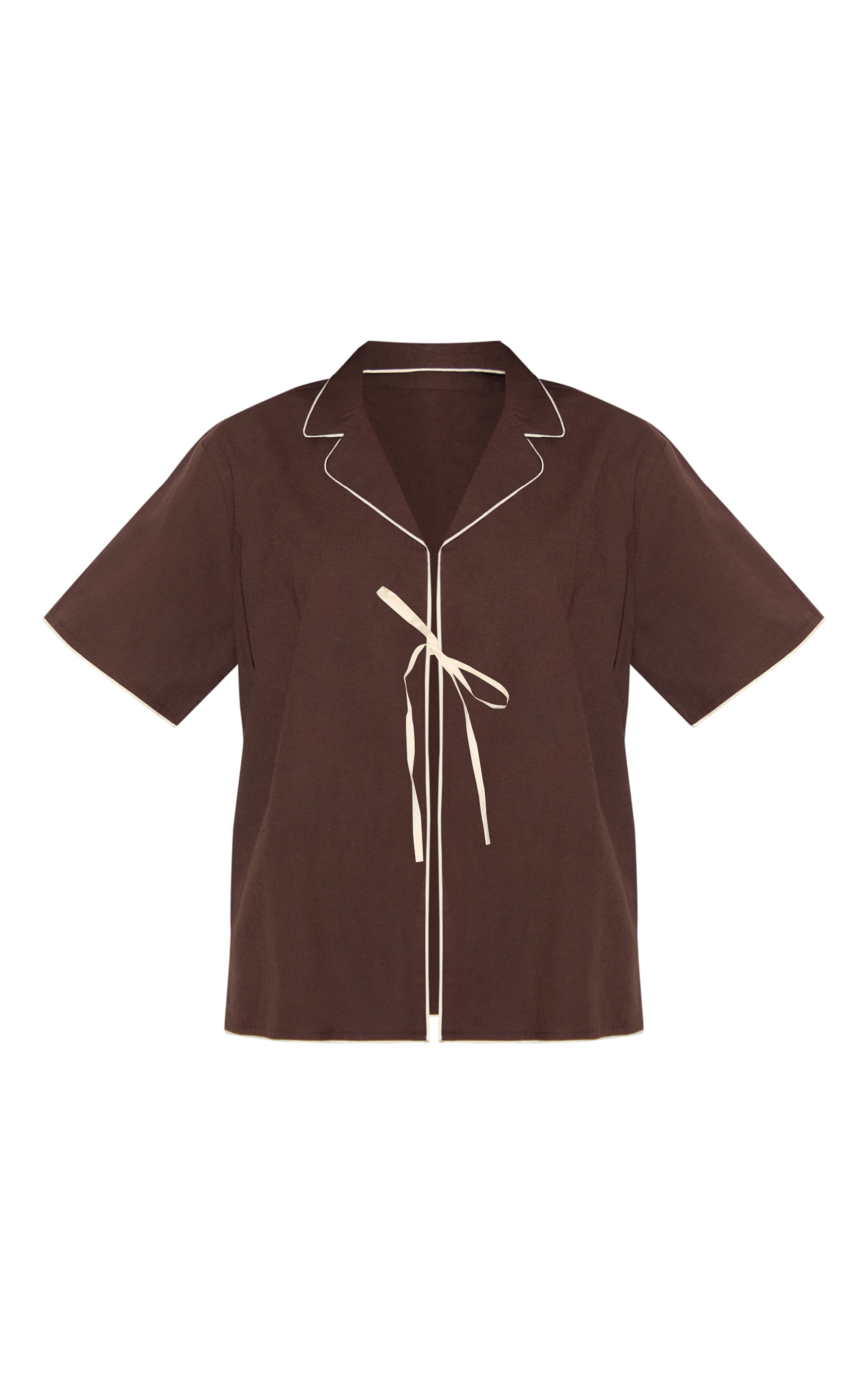 Dark Brown Linen Look Contrast Oversized Tie Shirt image 5