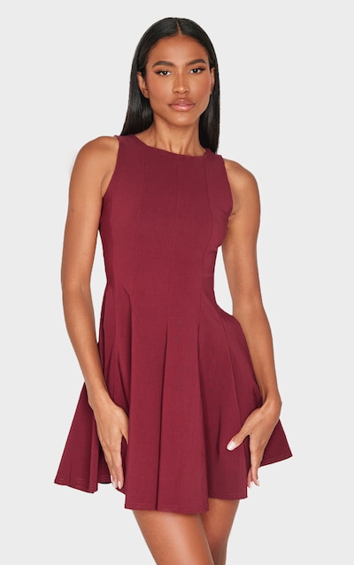 Wine Stretch Woven Racer Pleated Shift Dress
