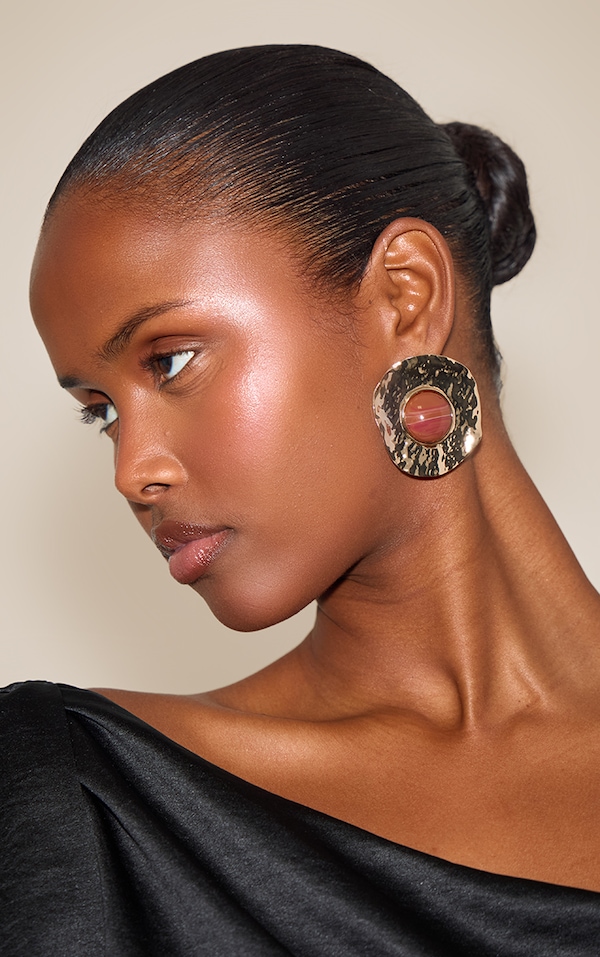 Gold Hammered Smokey Brown Resin Statement Earrings