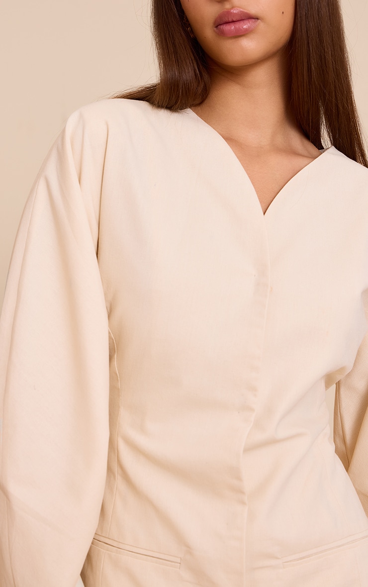 Natural Woven Balloon Sleeve Collarless Blazer Dress image 4