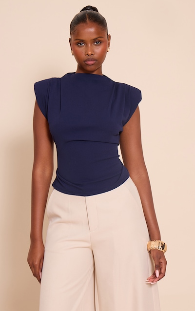 Navy Shoulder Pad Pleated Boat Neck Top