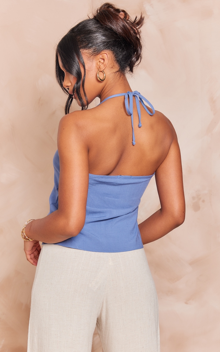 Blue Linen Button Detail Halterneck Split Front Longline Cami Top image 2