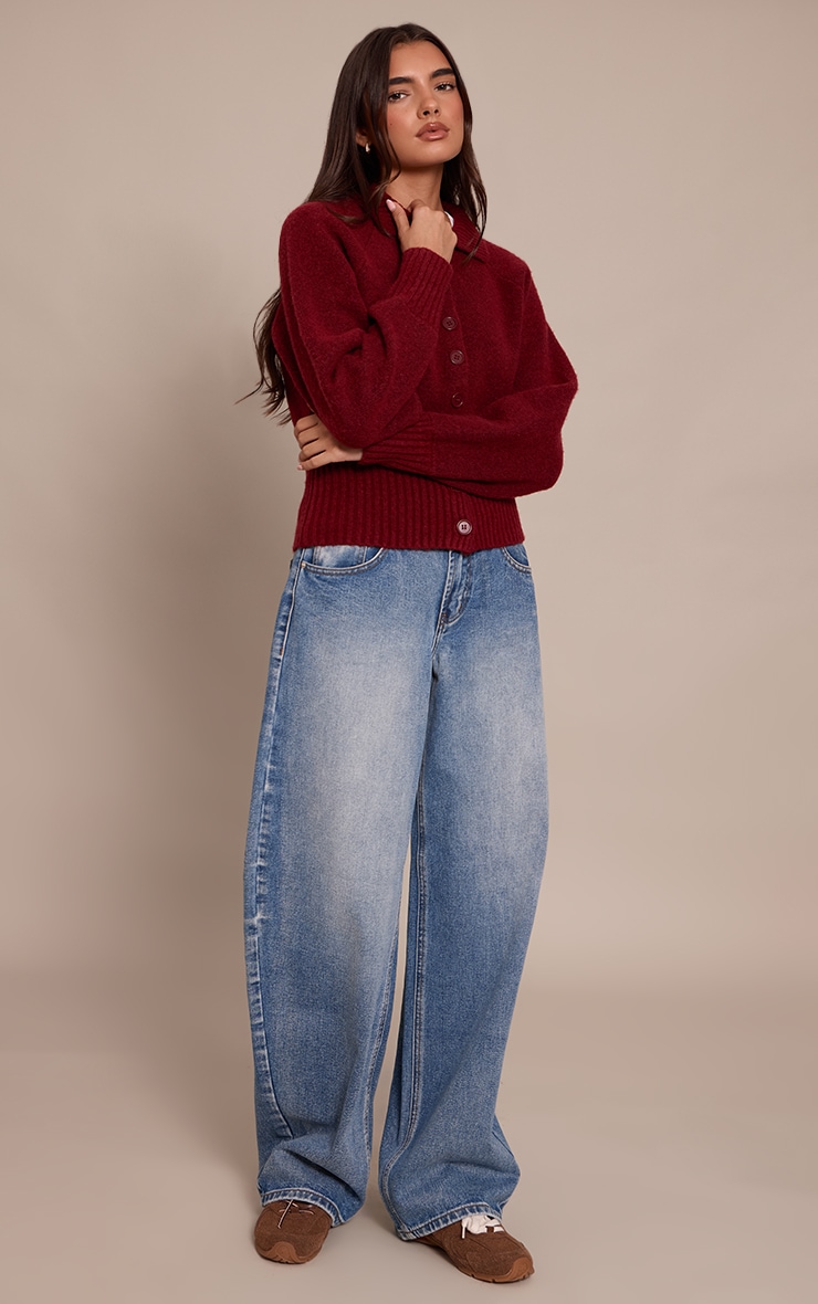 Wine Collared Waist Detail Knitted Cardigan  image 3