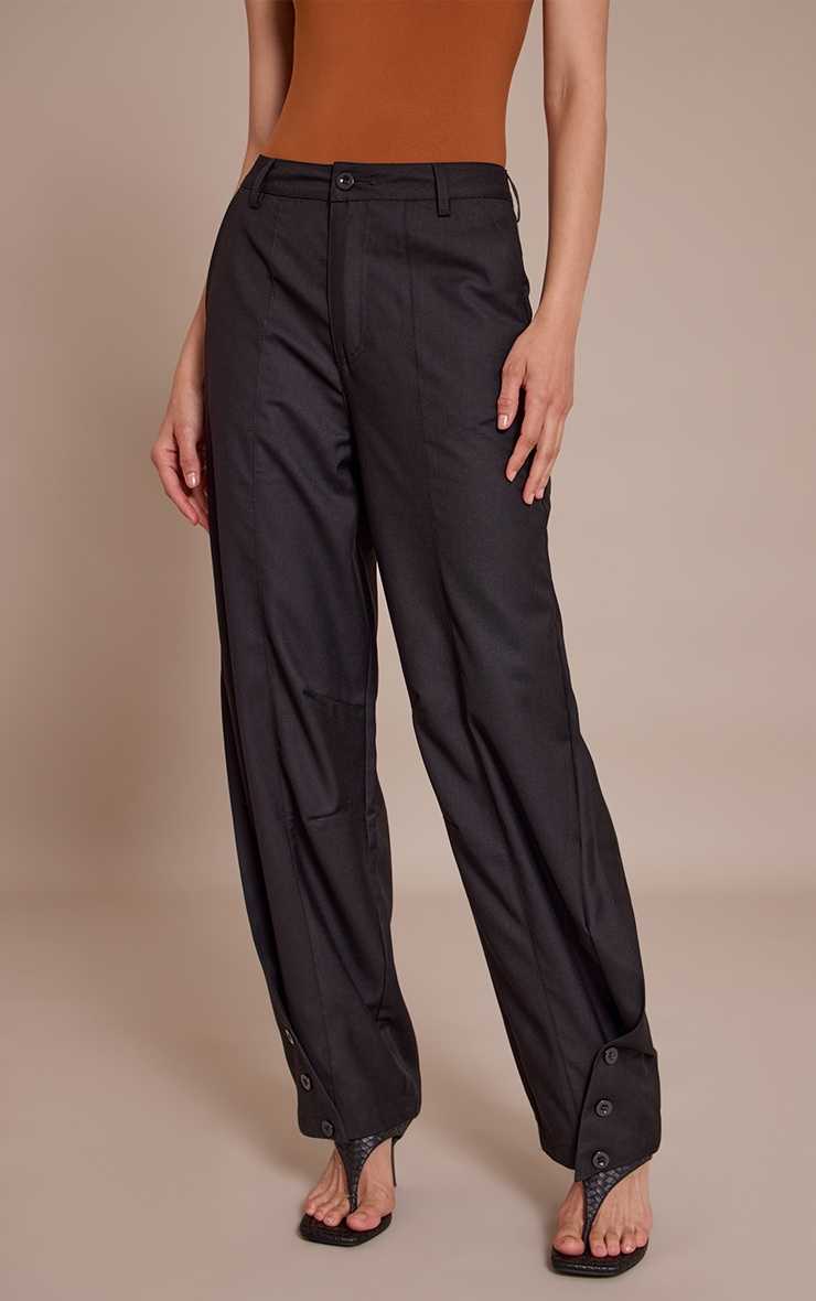 Black Woven Button Barrel Leg Seam Pants image 2