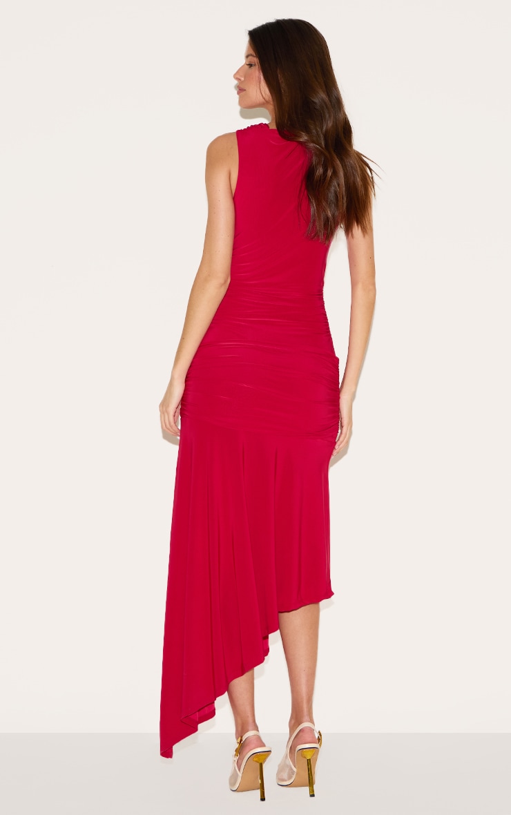 Robe longue asymétrique moulante rouge froncée à partie superposée image 2