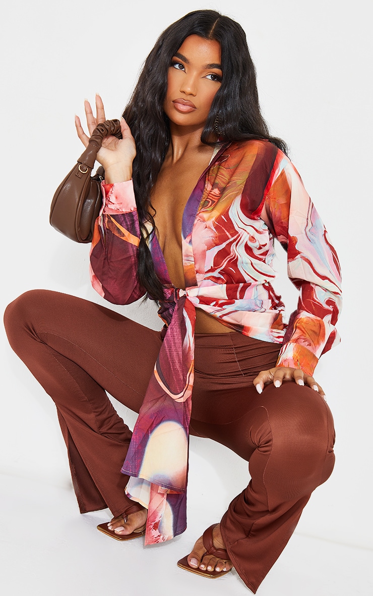 Brown Abstract Marble Print Woven Tie Front Plunge Long Sleeve Shirt image 3