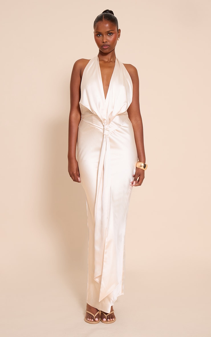 Cream Satin Knot Detail Maxi Dress image 3