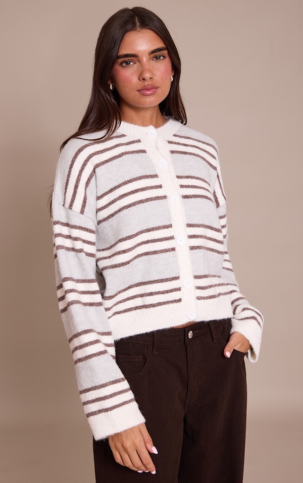 Grey Wool Blend Striped Cardigan