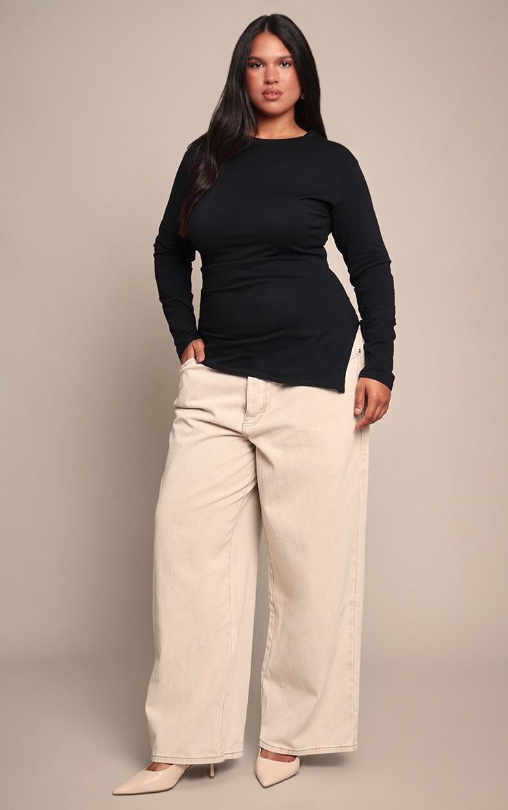Plus Black Cotton Ruched Side Long Sleeve T-shirt  image 3