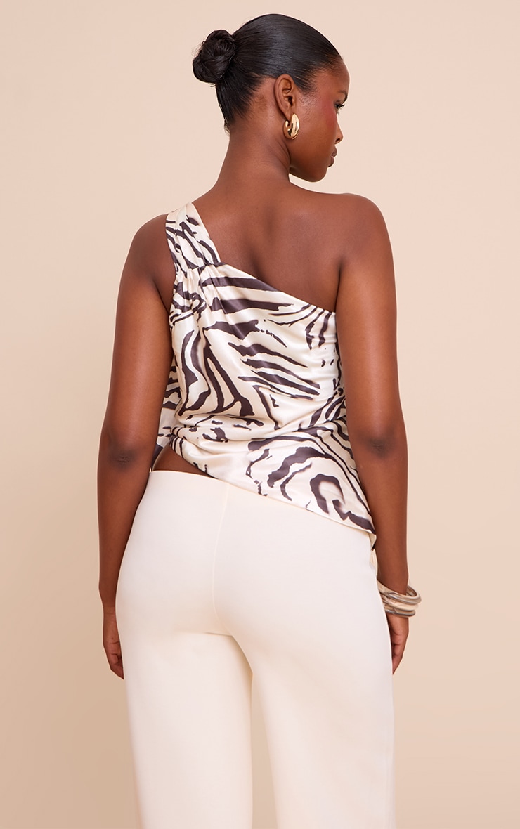 Beige Printed Satin Drape Trim Detail Top image 2