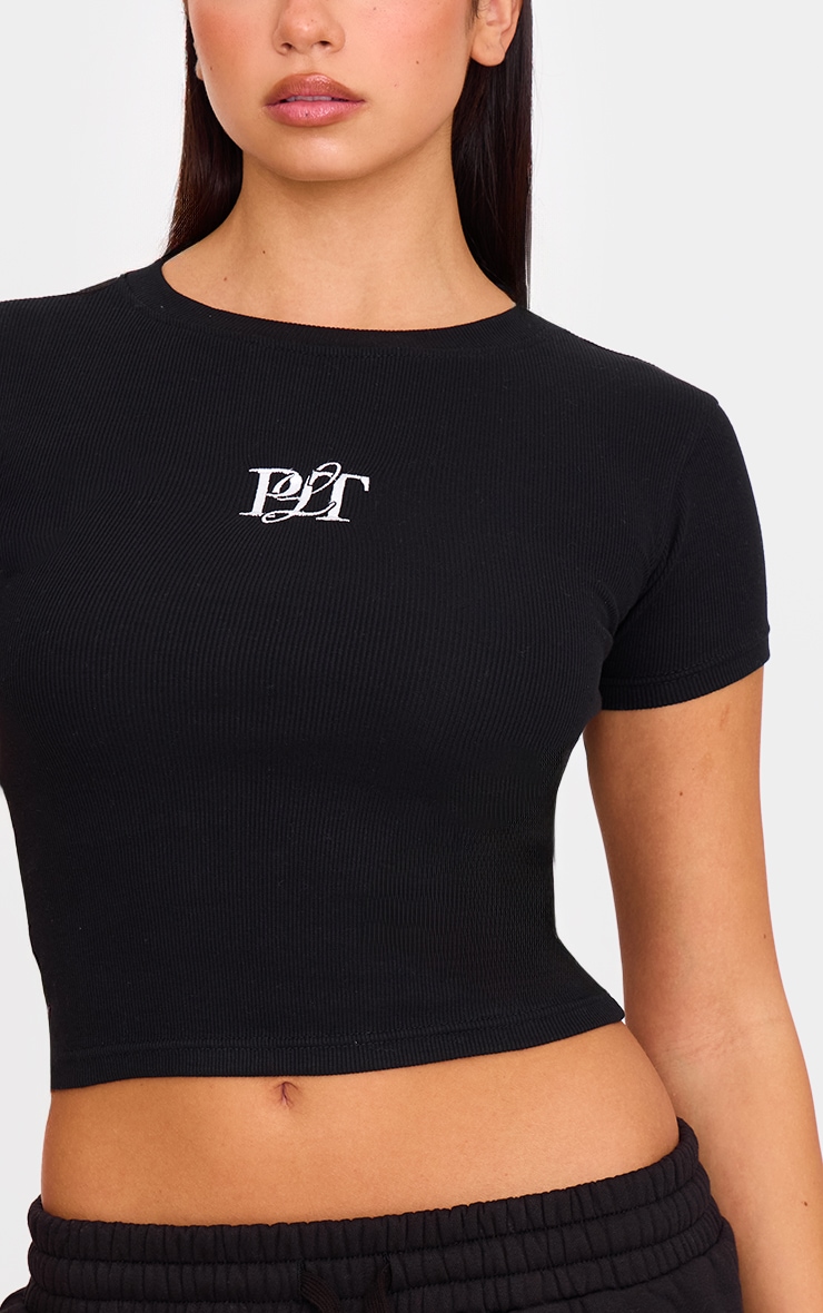 PRETTYLITTLETHING Black Ribbed Short Sleeve T Shirt image 4