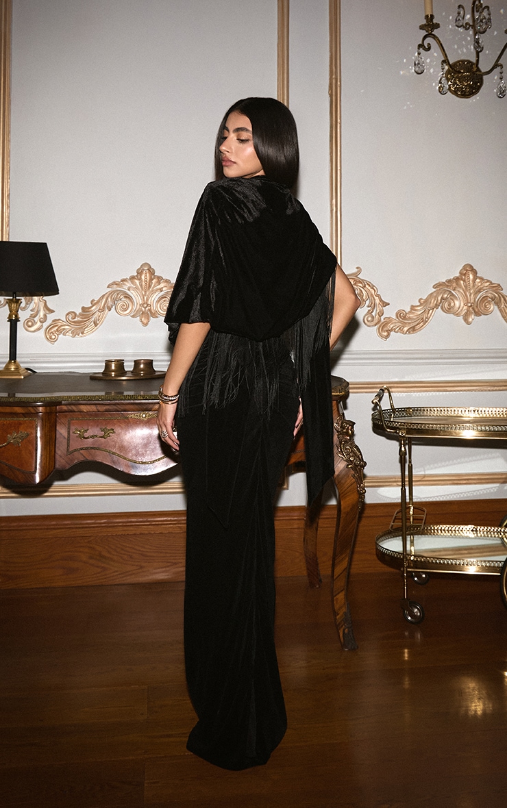 Black Velvet Cape Tassel Hem Long Top image 2