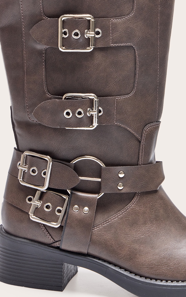 Brown Burnish Pu Round Toe Multi Buckle Harness Knee High Boots image 4