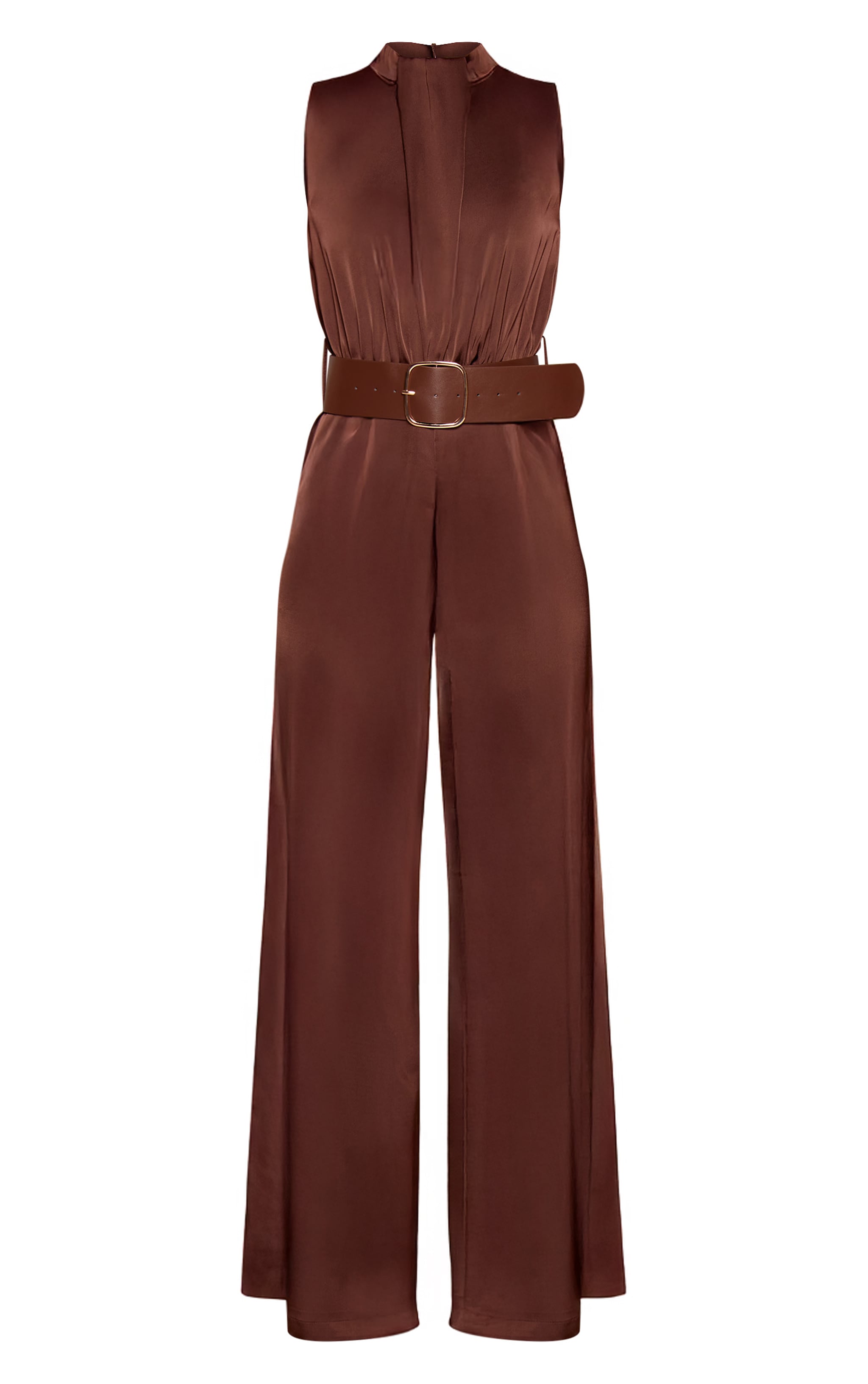 Chocolate Satin High Neck Belt Detail Wide Leg Jumpsuit image 5