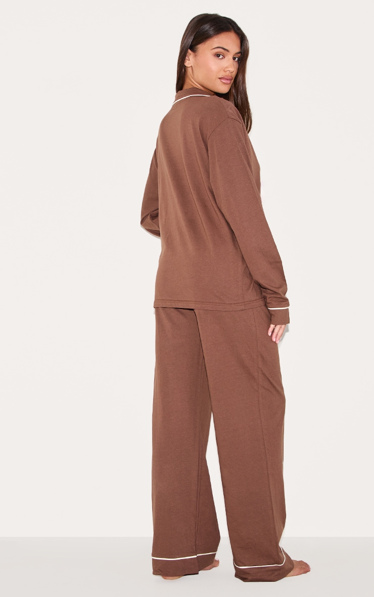 Chocolate Jersey Contrast Piping Detail Long Pj Set image 2