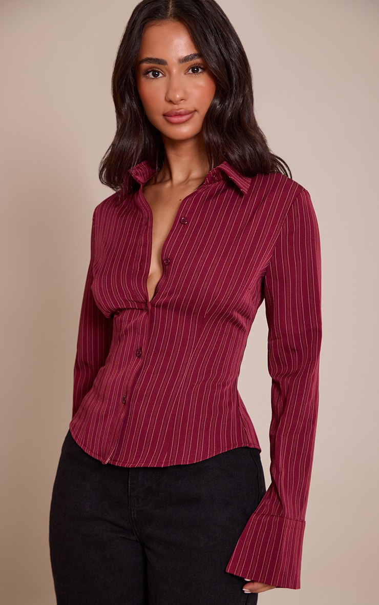 Petite Burgundy Striped Long Sleeve Fitted Shirt image 1