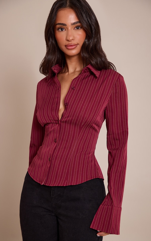 Petite Burgundy Striped Long Sleeve Fitted Shirt