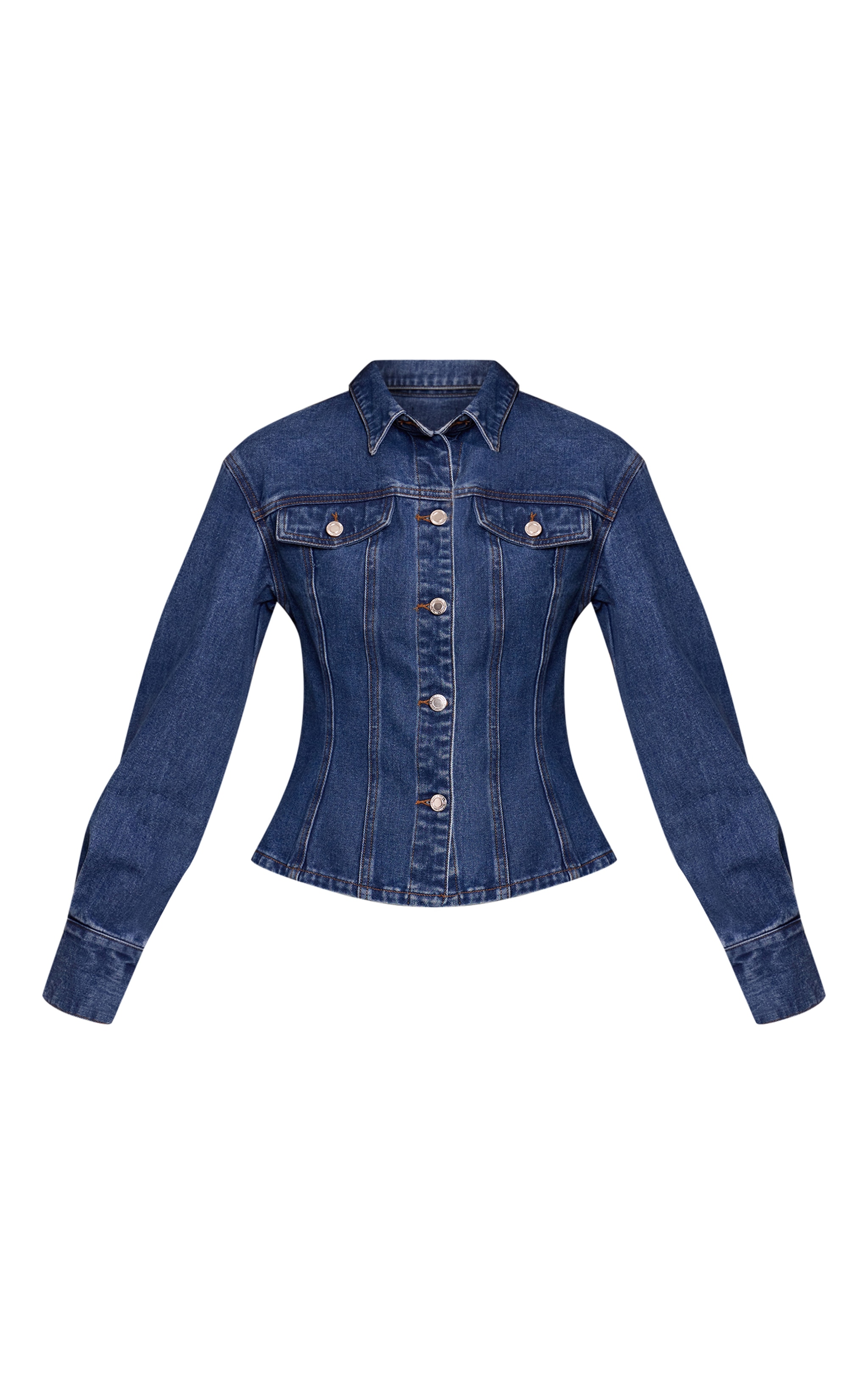 Dark Blue Long Sleeve Cinched Waist Denim Jacket image 5