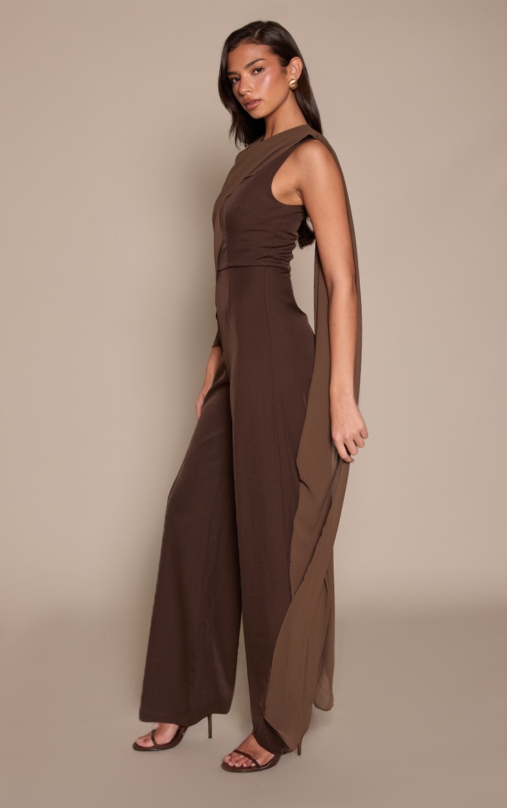 Chocolate Chiffon Cape Detail Straight Leg Jumpsuit image 3