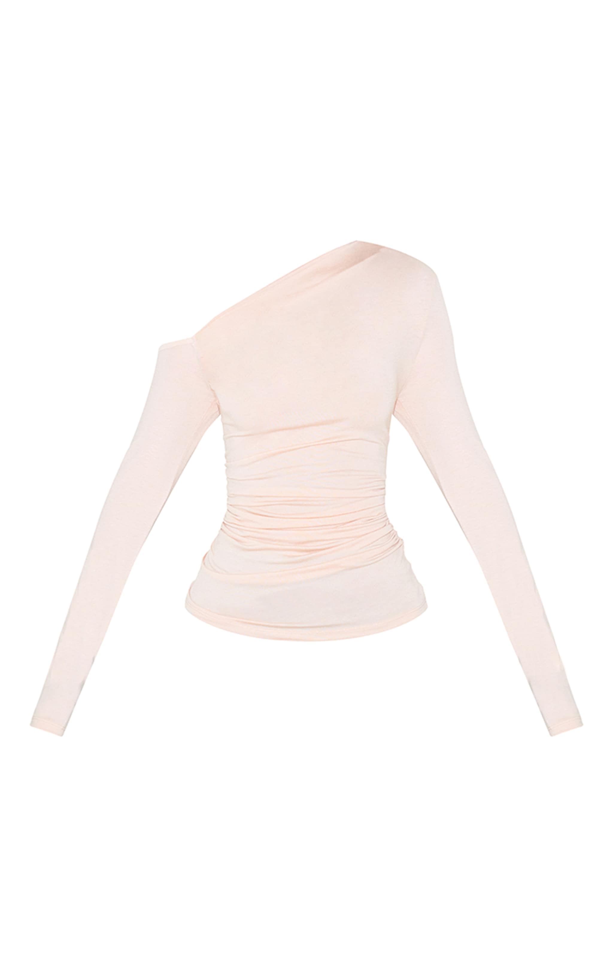 Top asymétrique en coton doux crème froncé à manches longues image 5