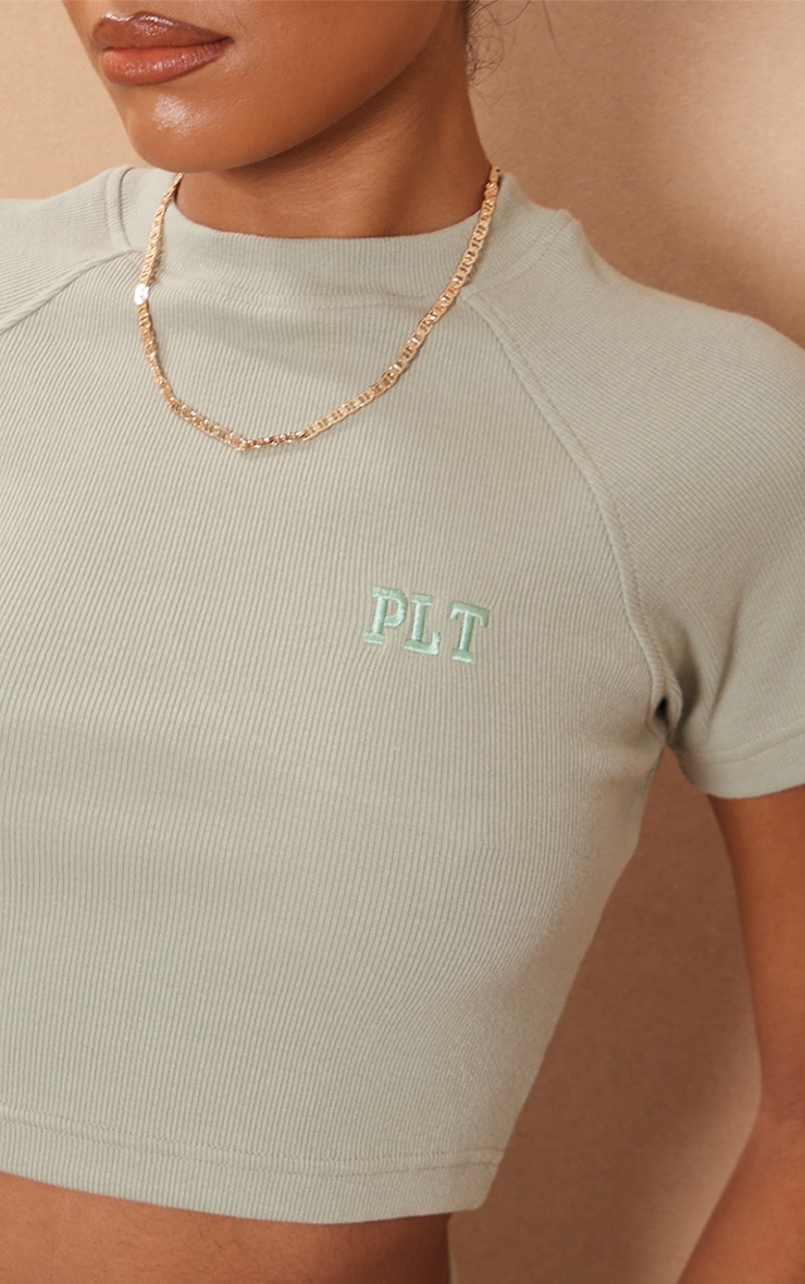 PRETTYLITTLETHING Sage Khaki Embroidered Ribbed Crop T shirt image 2