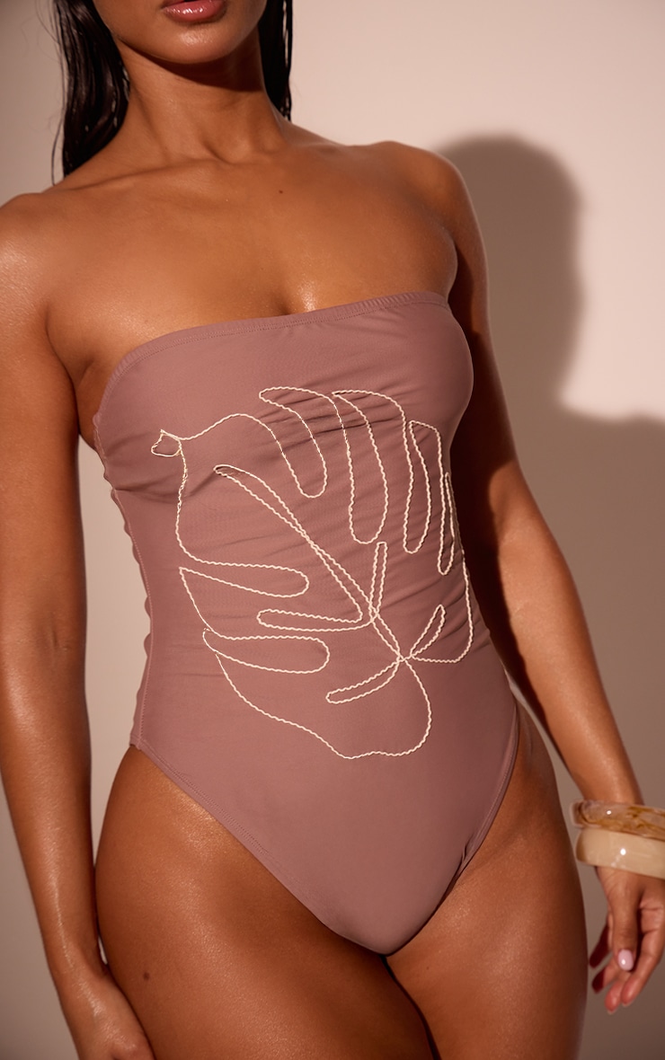 Taupe Leaf Embroidered Bandeau Swimsuit image 4