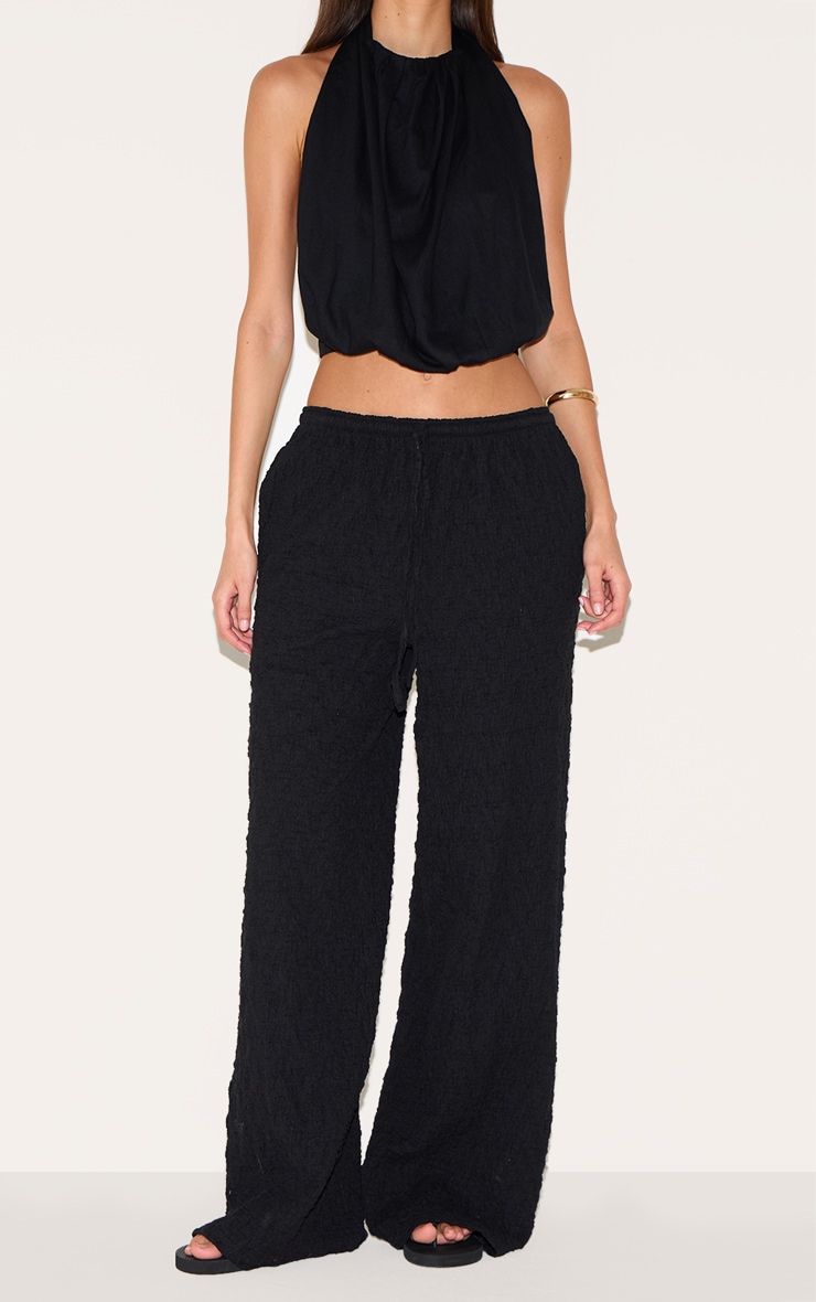 Black Textured Jersey Drawstring Waist Wide Leg Trousers image 1