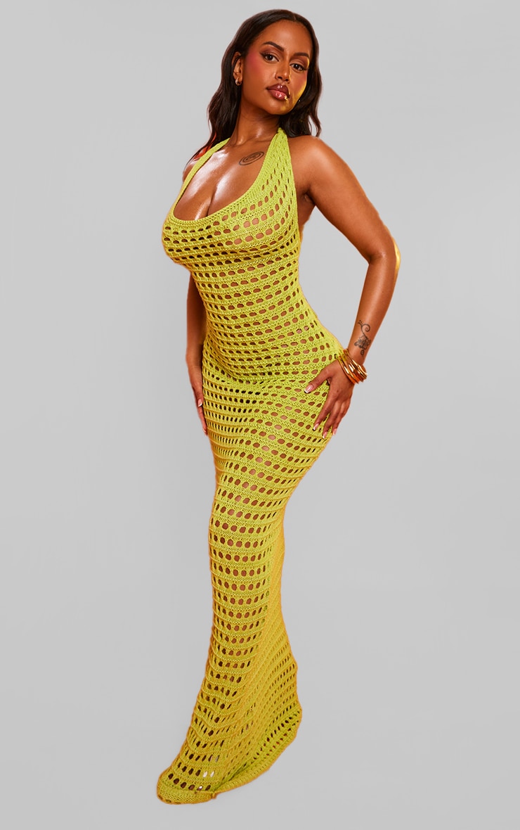 Shape Lime Crochet Knit Halterneck Open Back Maxi Dress image 2