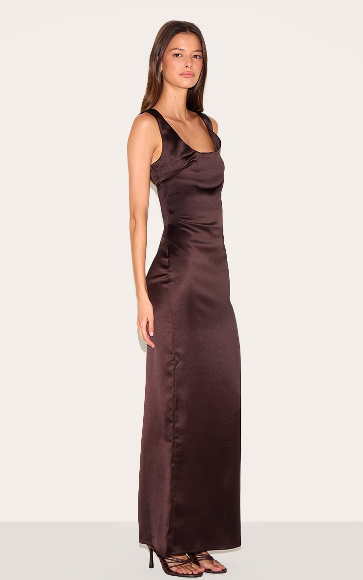 Chocolate Satin Scoop Neck Maxi Dress image 3