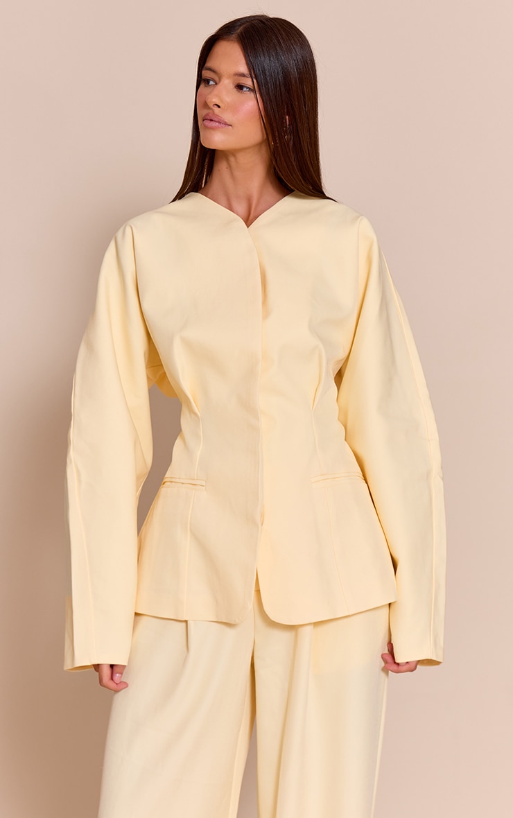 Butter Cream Premium Woven Tailored Collarless Blazer image 1